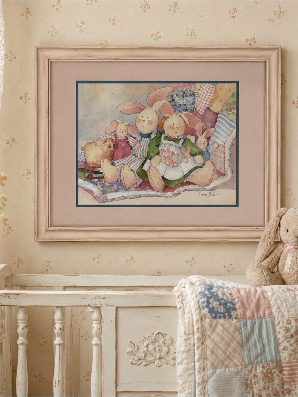 Vintage Barbara Mock Bunny Family Framed Print Pastel Nursery Cottagecore Wall